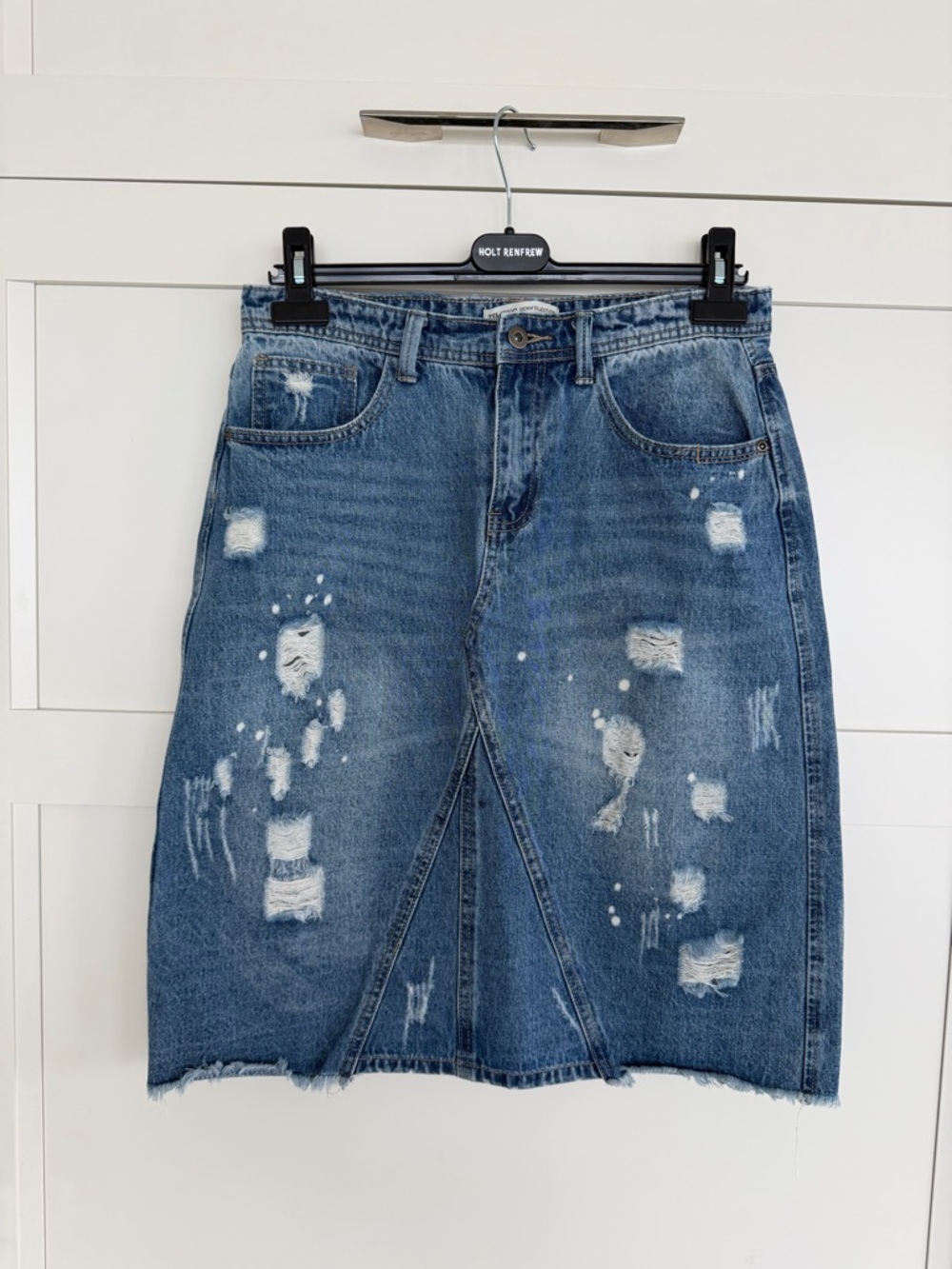 Distressed Blue Denim Knee-Length Skirt - Picture 4 of 6